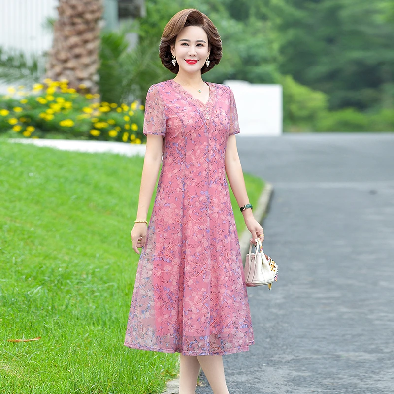 Mother Printing Dress Summer Dress Female Middle Elderly Women Short-Sleeved Chiffon Temperament Mom Elegant Dresses