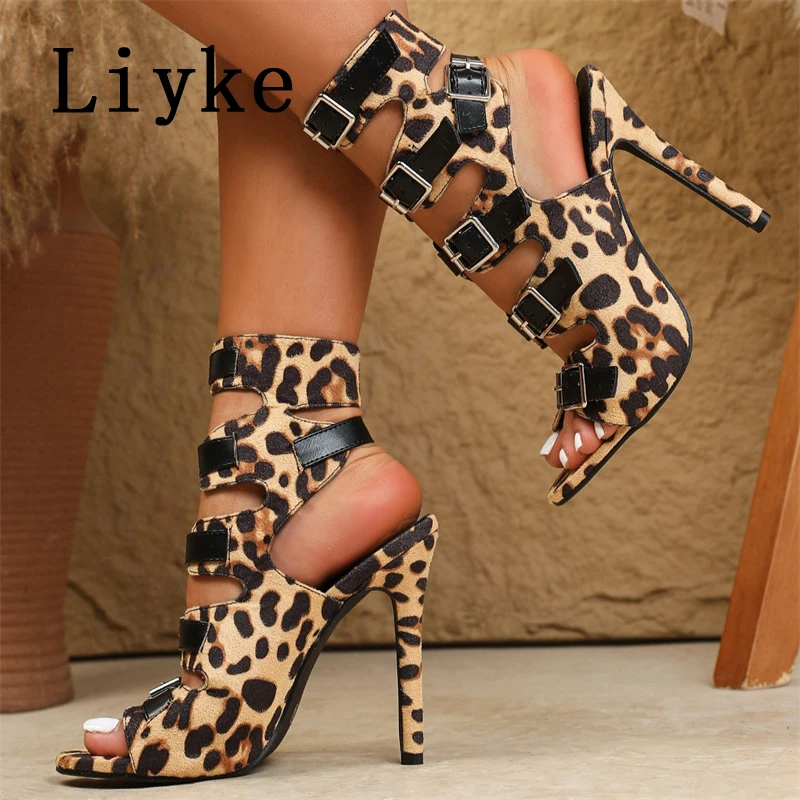 

Liyke Sexy Leopard Print Thin Heeled Sandals Ladies Peep Toe Adjustable Attractive Belts Strap High Heels Party Dress Shoe Women