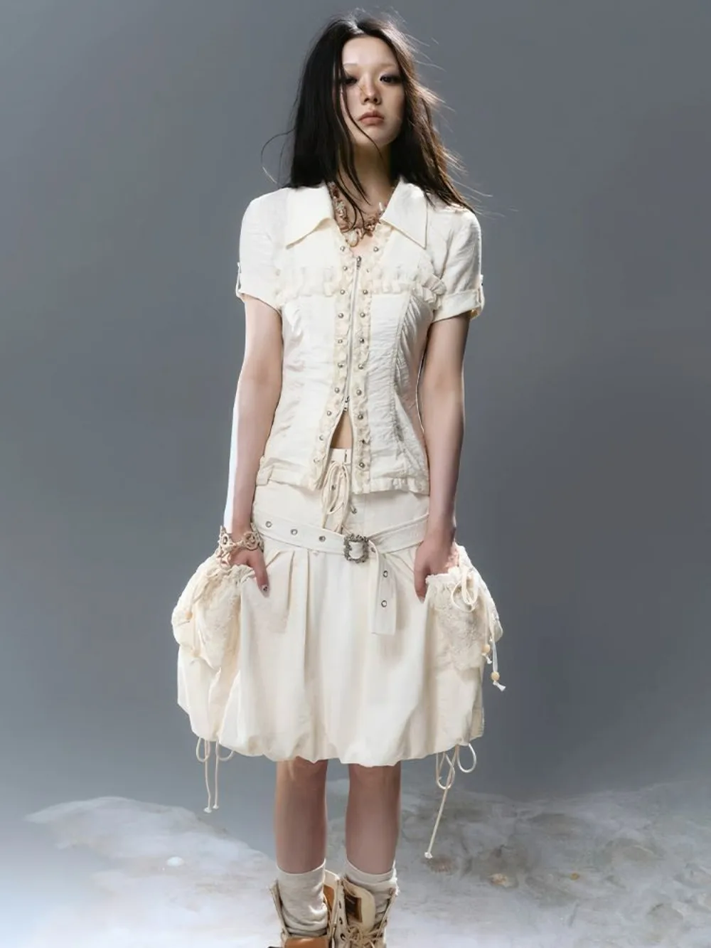 

Vintage Rivet Cross Pleated Lace Sleeveless Top and Skirt Set Summer Two Piece Outfit Gothcore Aesthetic Fashion