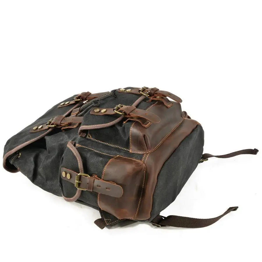 メンズトラベルバックパック、本革ワックスキャンバスショルダーハイキングリュックサック