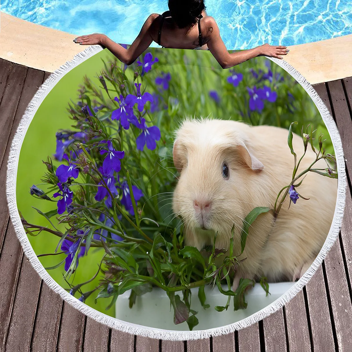 Round Beach Blanket,Cute Guinea Pig with Flowers Polyester Sand-Proof Beach Towel,Absorbent Quick-drying Pool Towel Picnic Mat