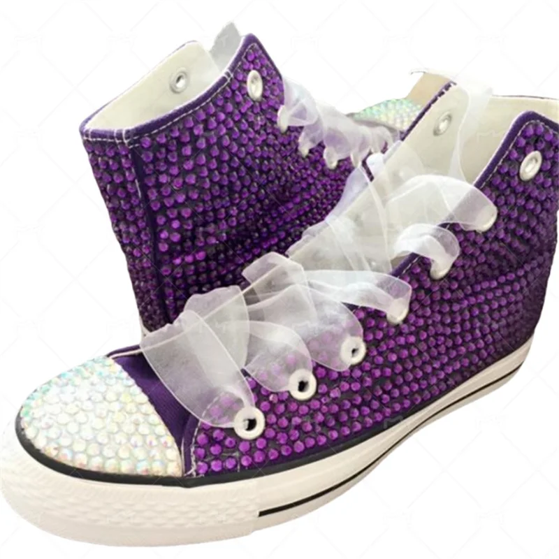 Original purple ribbon full diamond party espadrille handcrafted large size high top casual sports women\'s shoes 35-44