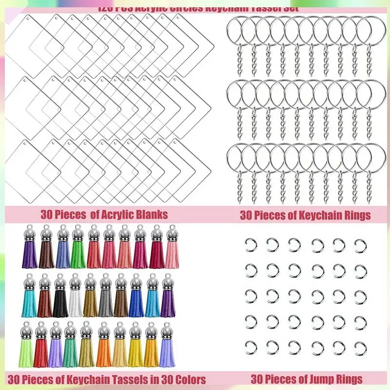 

B23B 120 Pcs Square Acrylic Keychain Blanks Tassels Set Including Acrylic Blanks Silver