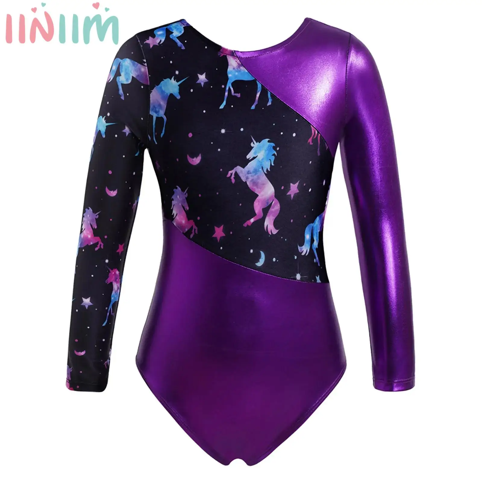 Kids Girls Shiny Gymnastics Leotard Long Sleeve Metallic Patchwork Yoga Ballet Dance Bodysuit Tumbling Performance Jumpsuits