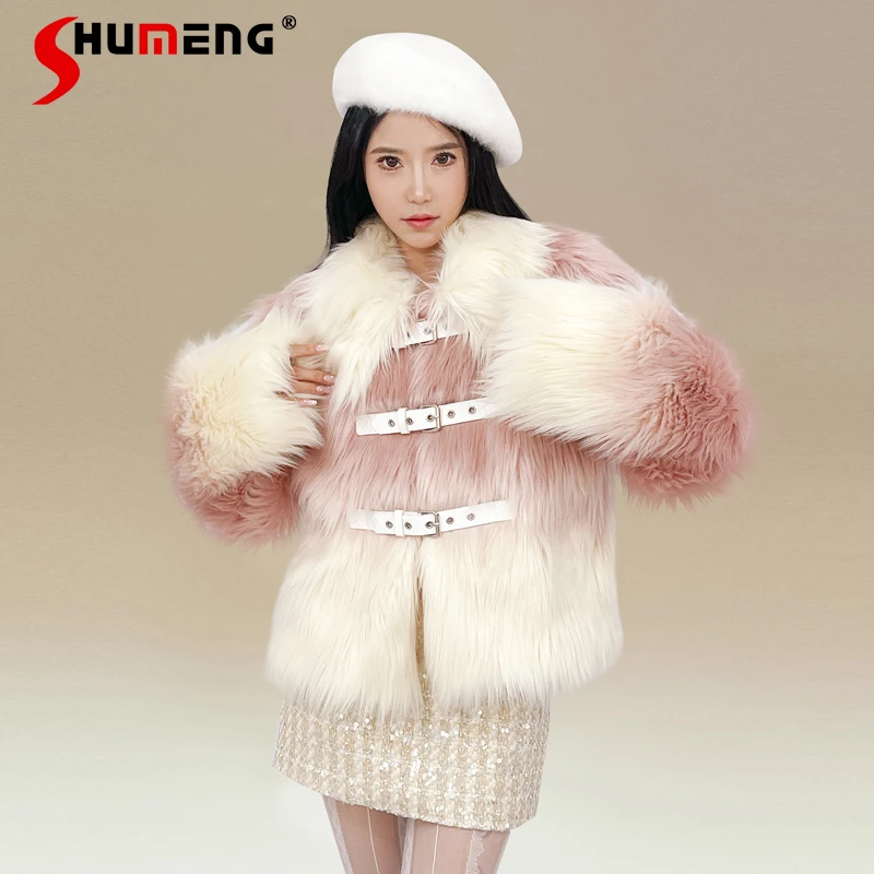 Pink Gradient Long Faux Fur Environmental Fur 2023 New Cute Youth-Looking Fox Furry Coat Women Cotton Winter Chaquetas De Mujer