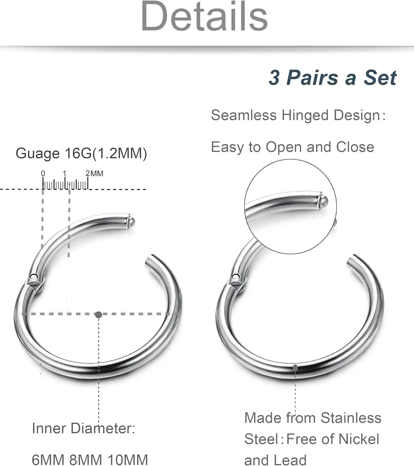 CASSIECA 1Pc Stainless Steel 16G Sleeper Earrings Septum Clicker Nose Ring Body Piercing Jewelry Minimalist Style for Women Men