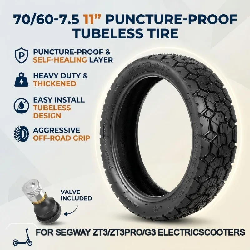 

70/60-7.5 11 Inch Tubeless Wear-Resistant Off-Road Tire Heavy Duty Thickened for Segway ZT3 / G3 Electric Scooter Puncture-Proof