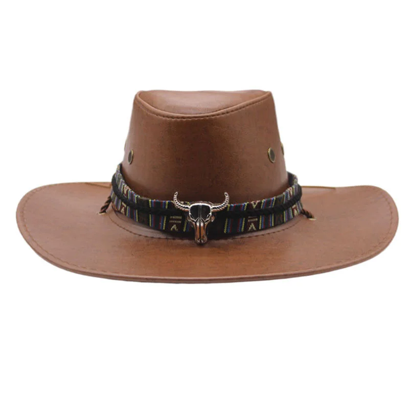 

Luxury Spring Fashion Cow Head Decorate Western Cowboy HatFaux Leather Vintage Gentleman Jazz Hats for MenPanama Cowgirl Hat
