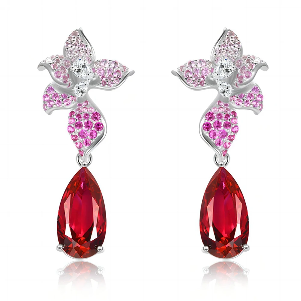 Wong Rain Vintage 100% 925 Sterling Silver Pear Cut 8*15 MM Ruby High Carbon Diamonds Gemstone Drop Dangle Earrings Fine Jewelry