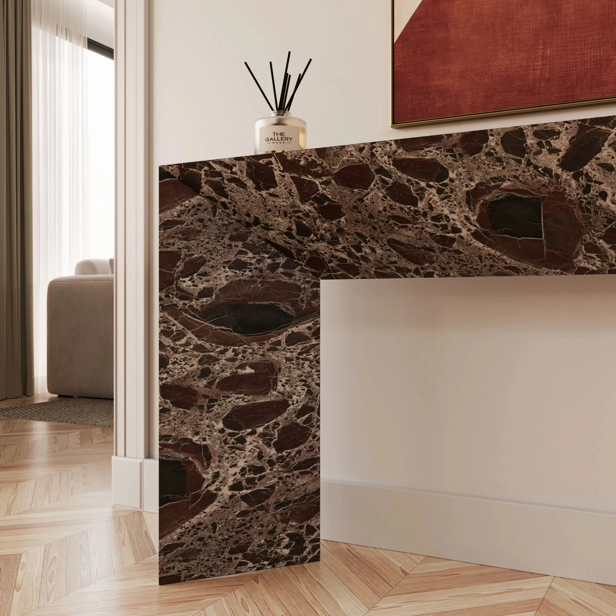 &d Camilla Rosso Levanto/Beige Travertine/ Arabescato White Marble Console Table-Hotel Villa Customizable Size Easy Clean