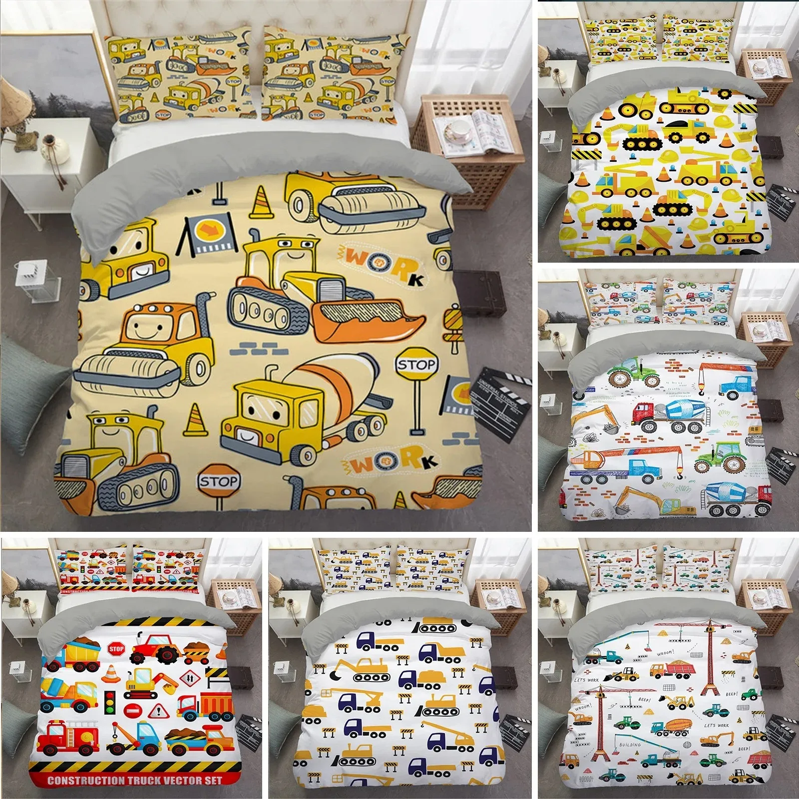 

Simple Cartoon Car Bedding Set Excavator Duvet Cover Bedroom Comforter Single Twin King Size Quilt Cover Home Textile