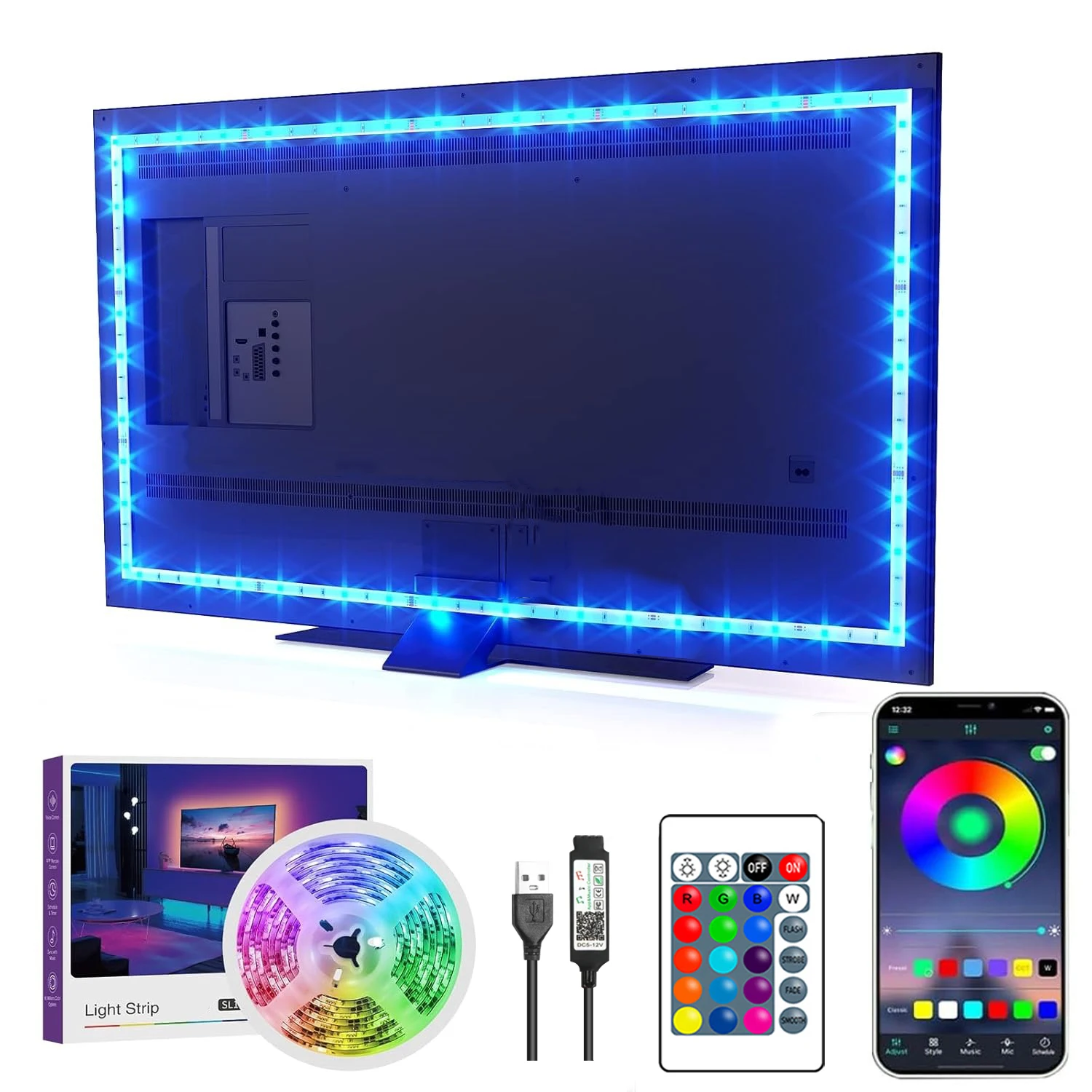 

RGB5050 Светодиодные фонари для телевизора USB 5 В Светодиодные ленты 30 светодиодов/м с управлением через приложение Гибкая лента Luces Ленточный светильник Украшение телевизора ﻿