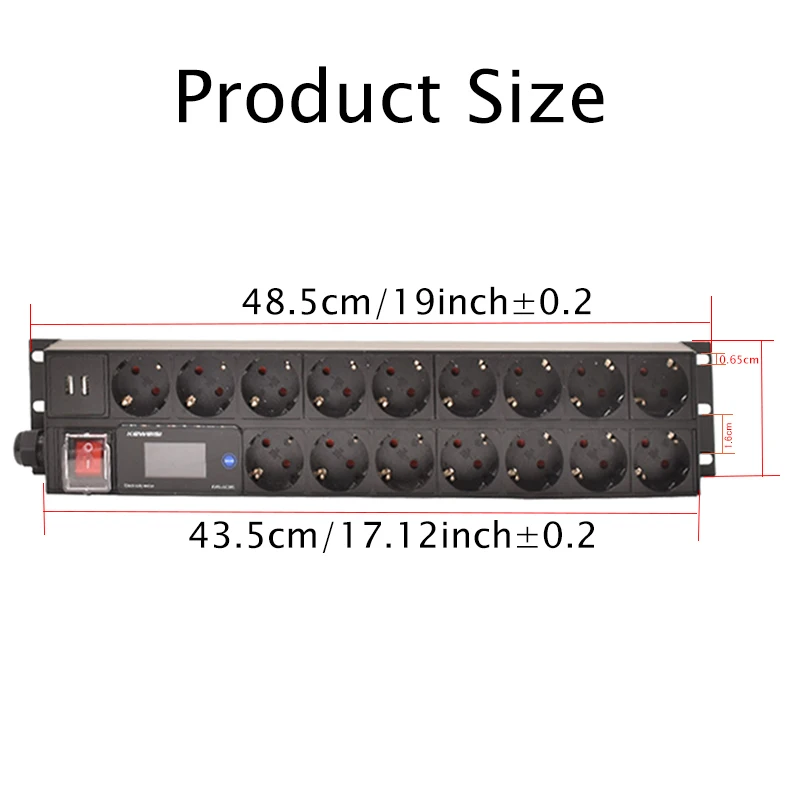 2U PDU Power Strip 19inch Rack Mount Digital Ampermeter Voltmeter Ammeter 16 Way German socket 2USB Switch 2meter Cord