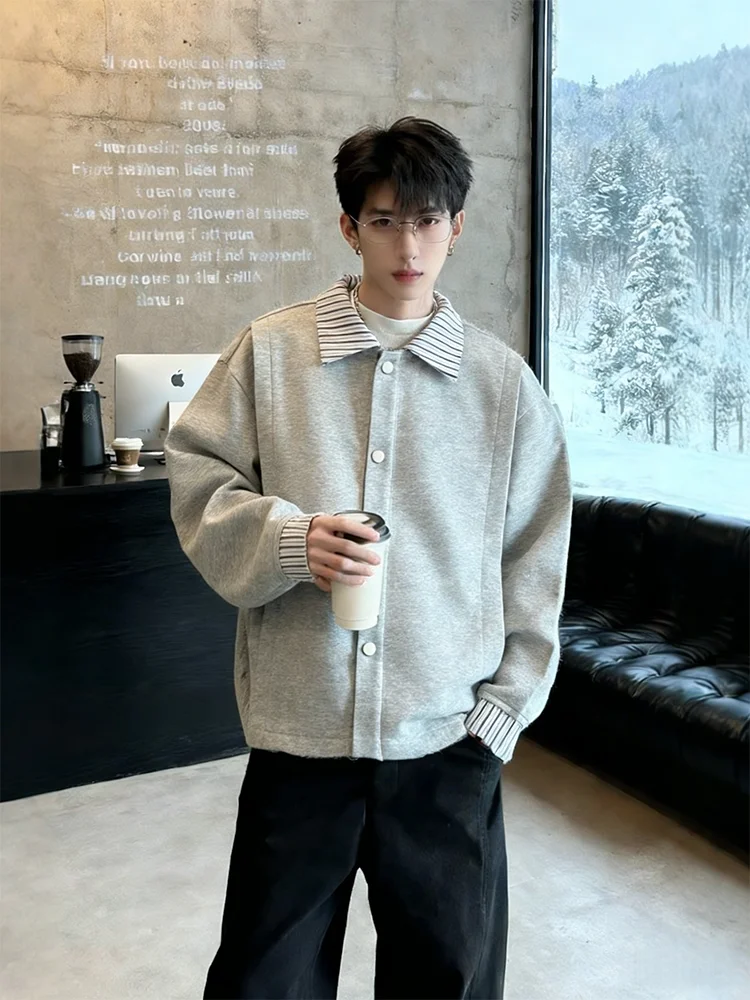 

Cleanfit Men's Striped irt-Collar Patchwork Sweatirt Spring Autumn Design Sense Turn-down oulder Open Cardigan Jaet