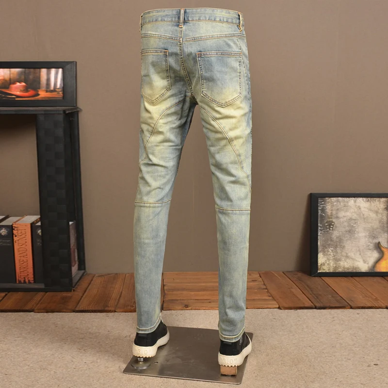 Moda uliczna Mężczyźni Jeans Retro Washed Blue Stretch Slim Fit Spliced Designer Biker Jeans Men Patched Hip Hop Denim Pants Hombre