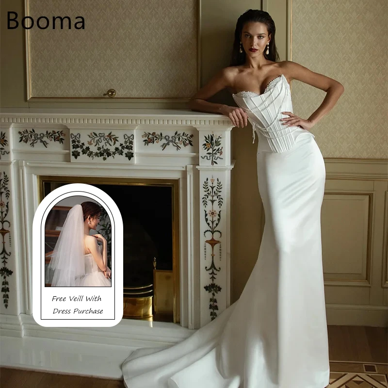 Booma Mermaid Sweetheart Pealrs Sleeveless Satin Simple Wedding Dresses Long Brides Gown Custom Made 2026