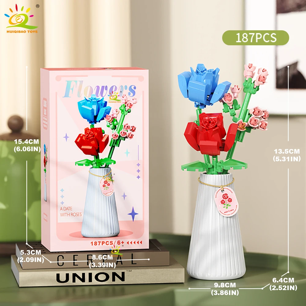 HUIQIBAO MOC Eeuwig Bloemboeket met pot Micro Bouwsteen Zonnebloem Rose Mini Model Baksteen Speelgoed thuis Bureau Decoratie