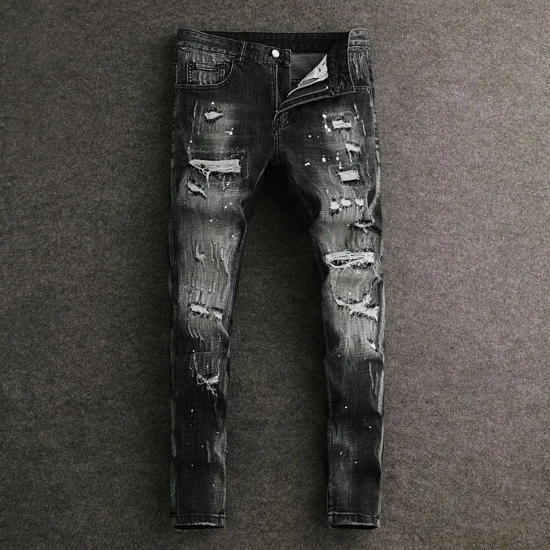 

Дизайнерские модные мужские новые джинсовые джинсы, потертые ностальгические эластичные узкие черные джинсы, дизайнерские брюки высокого качества Y2K