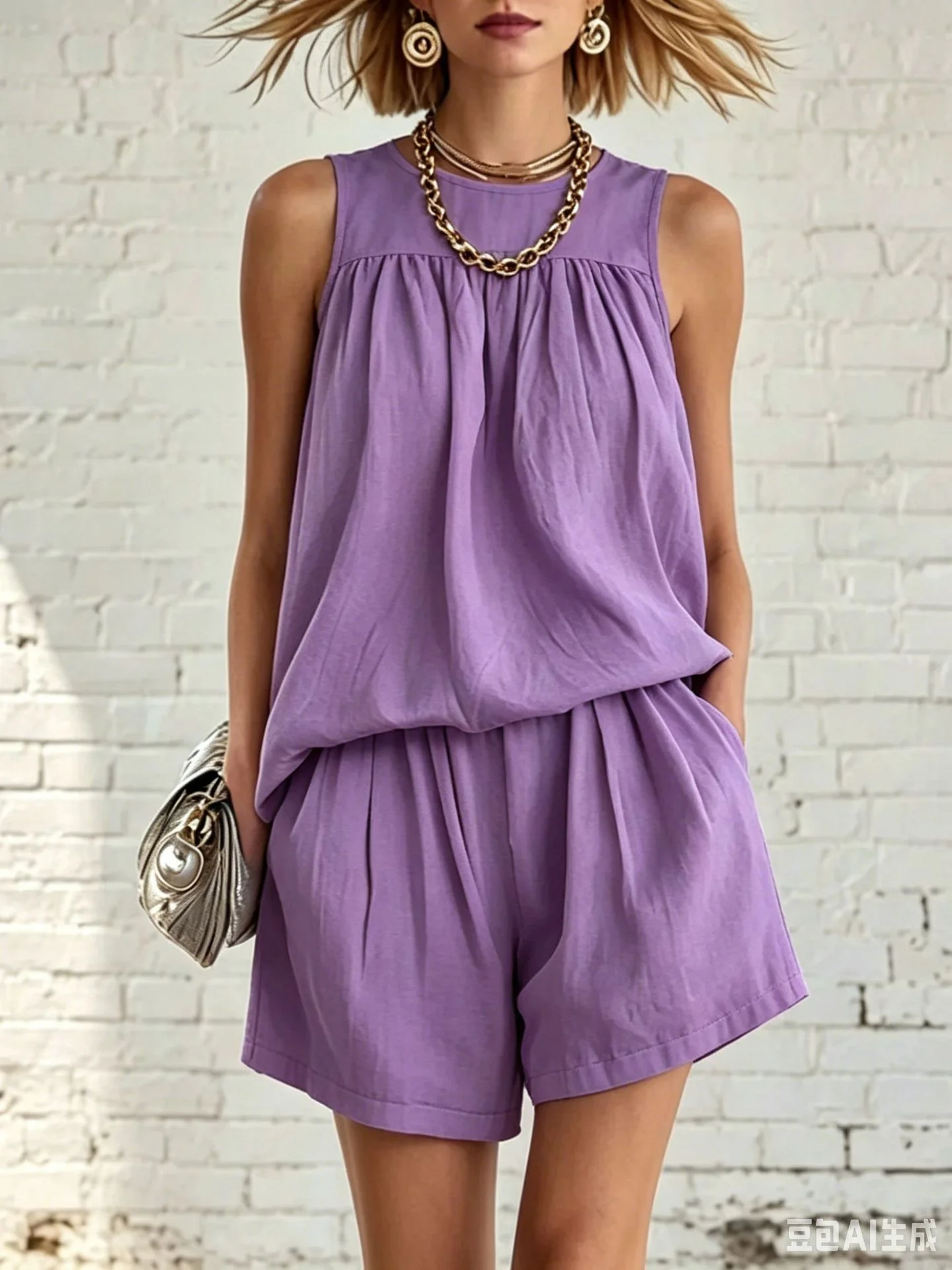 Lässiges Damen-Loungewear-Set, 2-teilig, einfarbige ärmellose Weste und locker sitzende Shorts für den täglichen Gebrauch zu Hause. – Detail 3