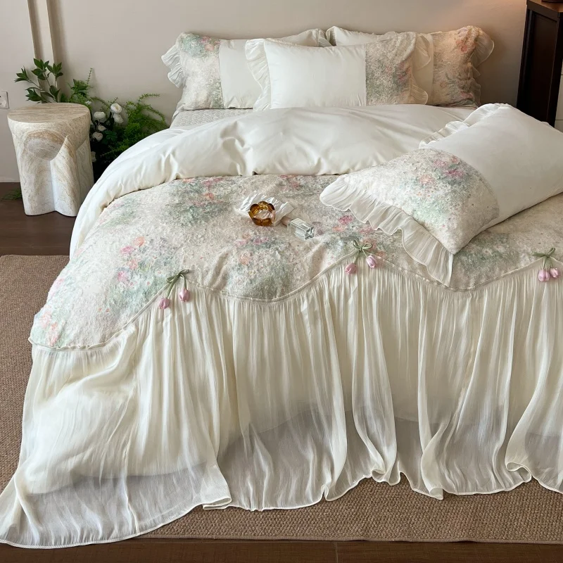 Flowers Embroidery Bedding Set Luxury 100% Cotton Korean Style Princess Lace Duvet Cover Bed Sheet Pillowcases Home Textile