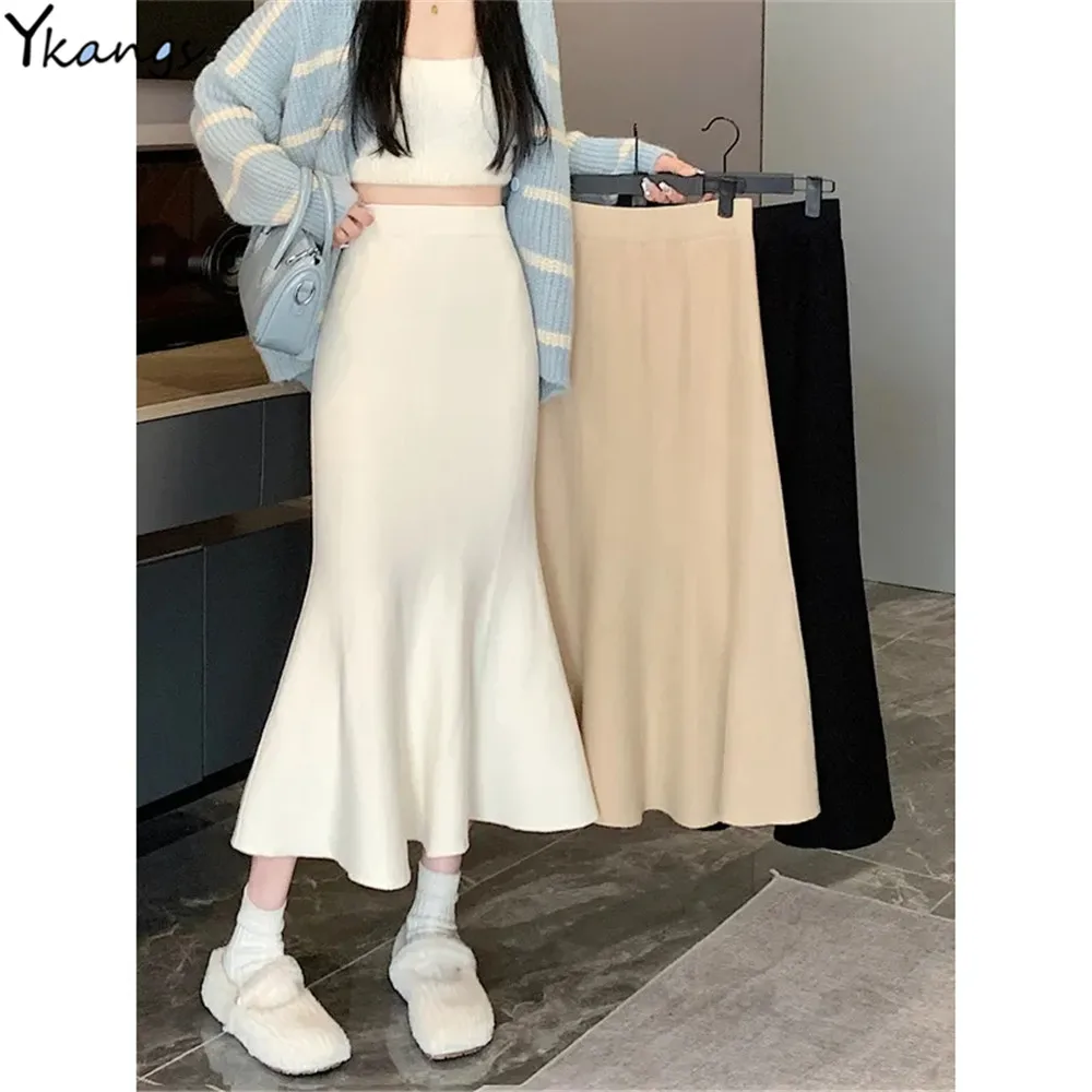 White Black Knitted Slim Mermaid Skirts Women Autumn Winter New Bottoms Fashion Elegant High Waist Stretch Sweater Trumpet Skirt