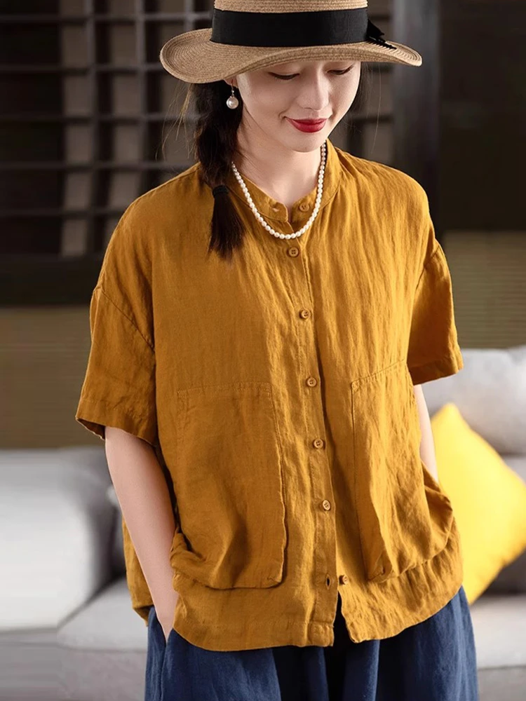

Женская повседневная льняная рубашка, новинка 2023 года, лето 2023, винтажный стиль, воротник-стойка, двойные карманы, свободные женские топы с короткими рукавами, рубашки T667