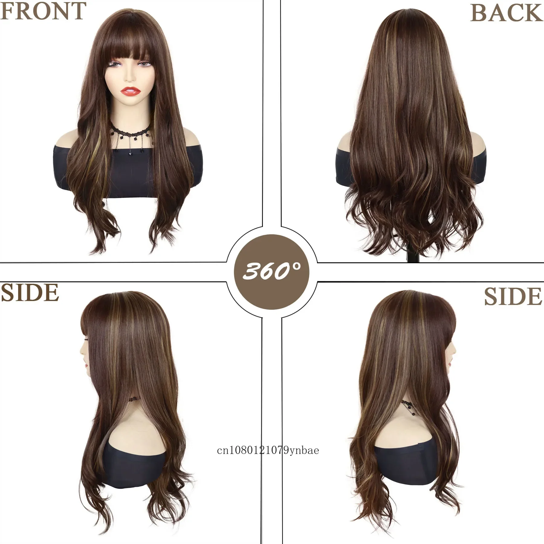 Wig sintetis bergelombang panjang 25 inci untuk wanita gadis Wig pirang campuran coklat lembut Natural dengan poni penggunaan pesta kostum Cosplay harian