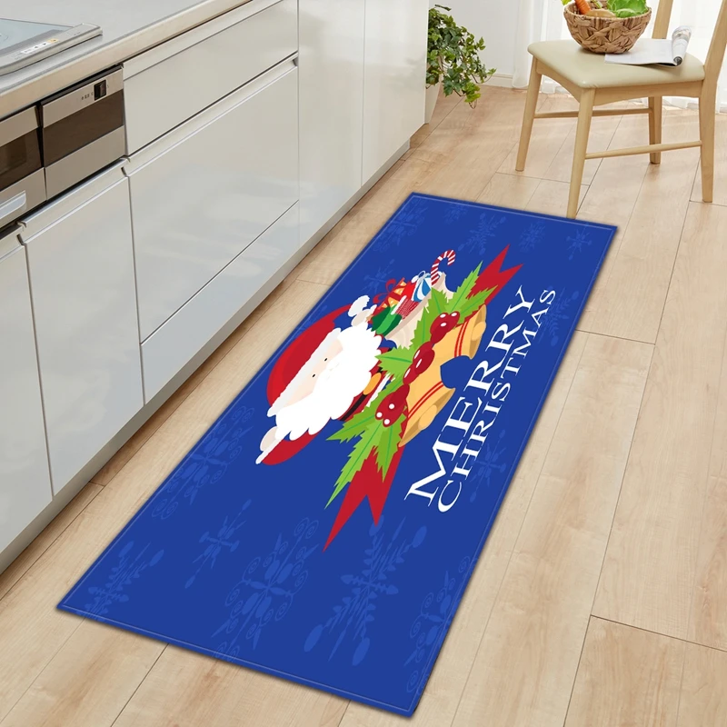 Christmas Hallway Floor Carpet Santa Snowman Kitchen Entrance Door Mat Flannel Side Non-Slip Washable 