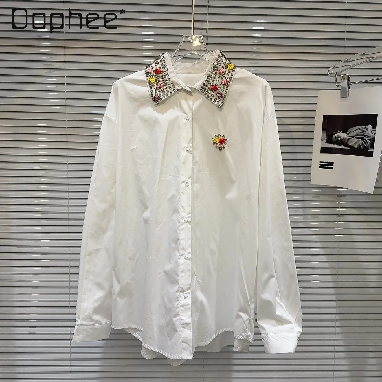 Personalized Fashion Three-dimensional Flower Bead Lapel Heavy Industry Shirt Women Femininity Commuter Style Oversized Shirt