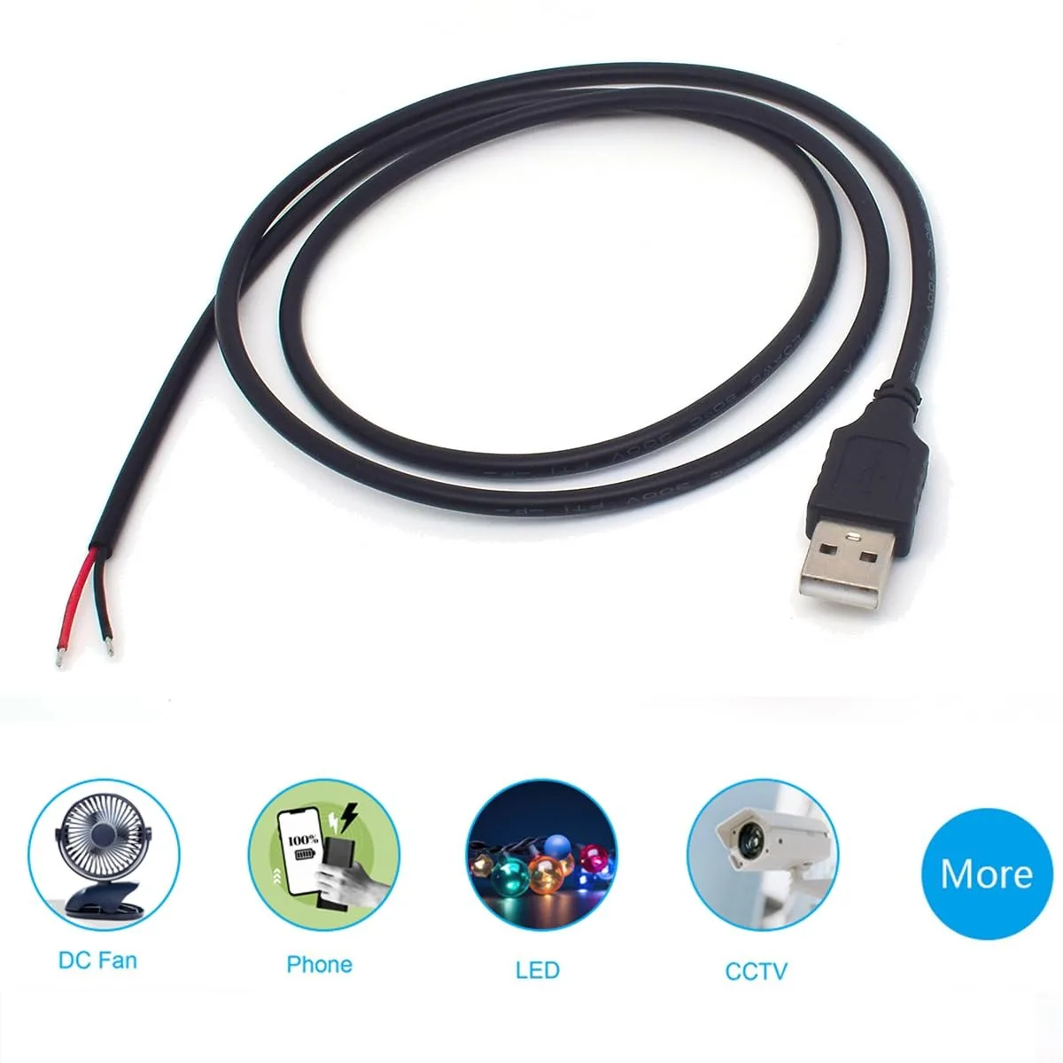 20AWG USB-кабель с разъемом USB A, 2-контактный, голый провод, 12 В, 5 А, силовой косичка, 2-проводной конец кабеля для замены USB-разъема «сделай сам», 0,5 м/1 м