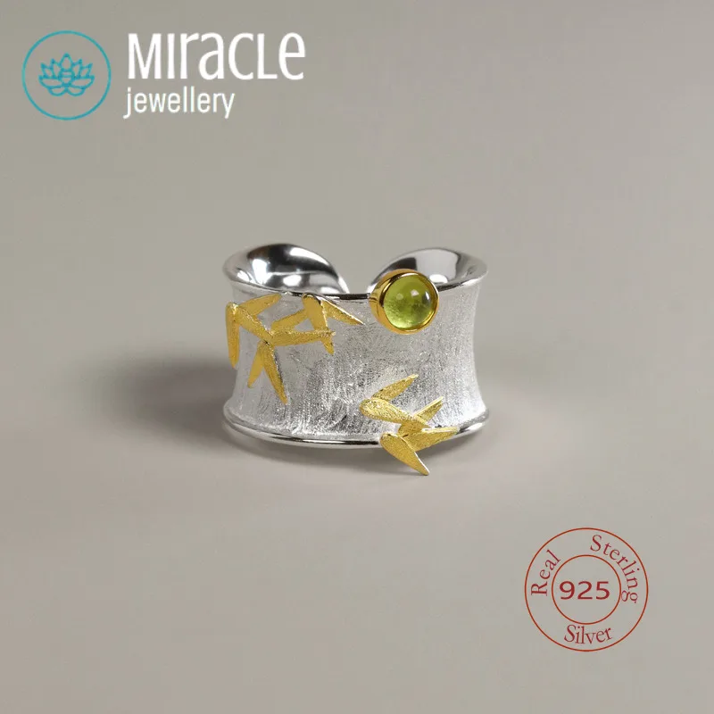 Miracle Sterling Silver 925 Original Design Moon Peeking Gemstone Inlaid National Trend Bamboo Leaf Niche Wide Open Ring