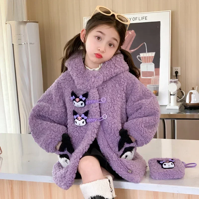 

Sweet Kuromi Anime Sanrio Ins Kawaii Fashion Lovely Doll Coat Cute Cartoon Cashmere Long Sleeve Hooded Thick Coat Gifts for Kids