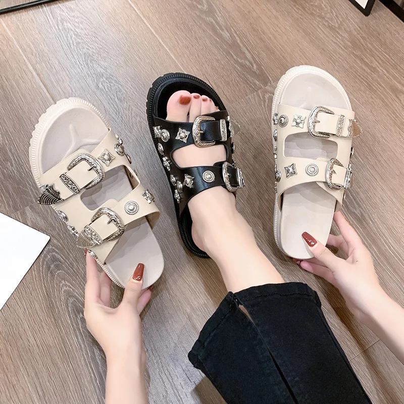 Black Sandals for Women Punk Slippers Studded Buckle Decor Open Toe Women Shoes Comfortable Platform Women Beach Shoes sandalias