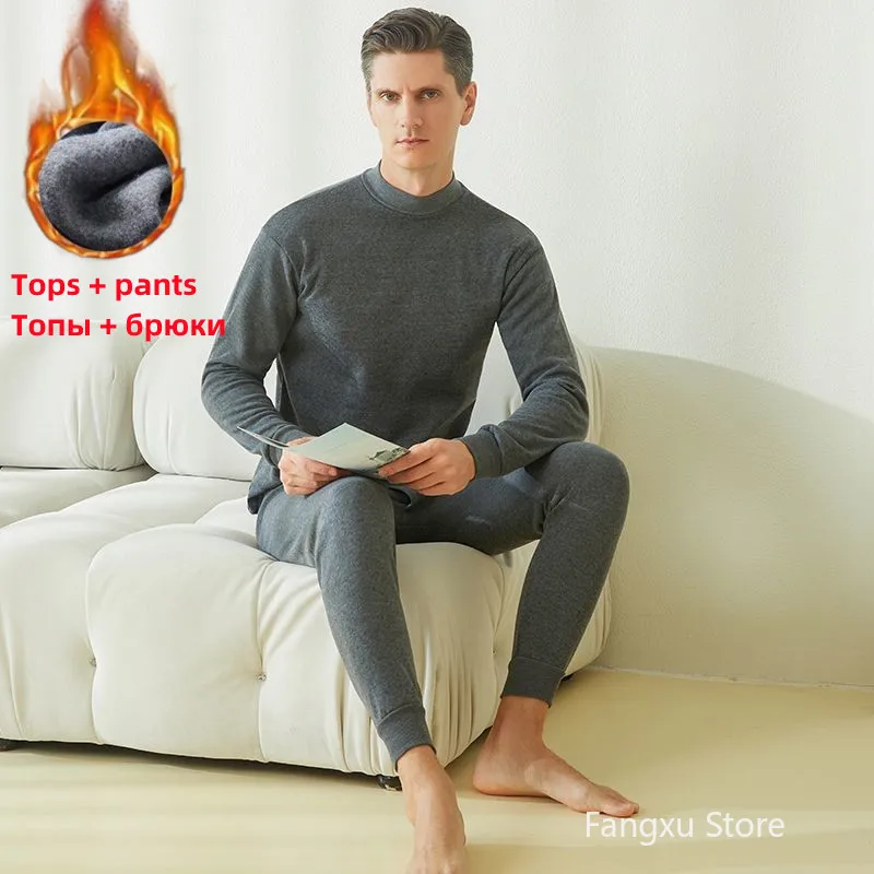 Men Thermal Underwear Suit Winter Warmth Long Johns Winter Half turtleneck Tops + Pants Set Thermal Clothing Ropa Termica Fleece