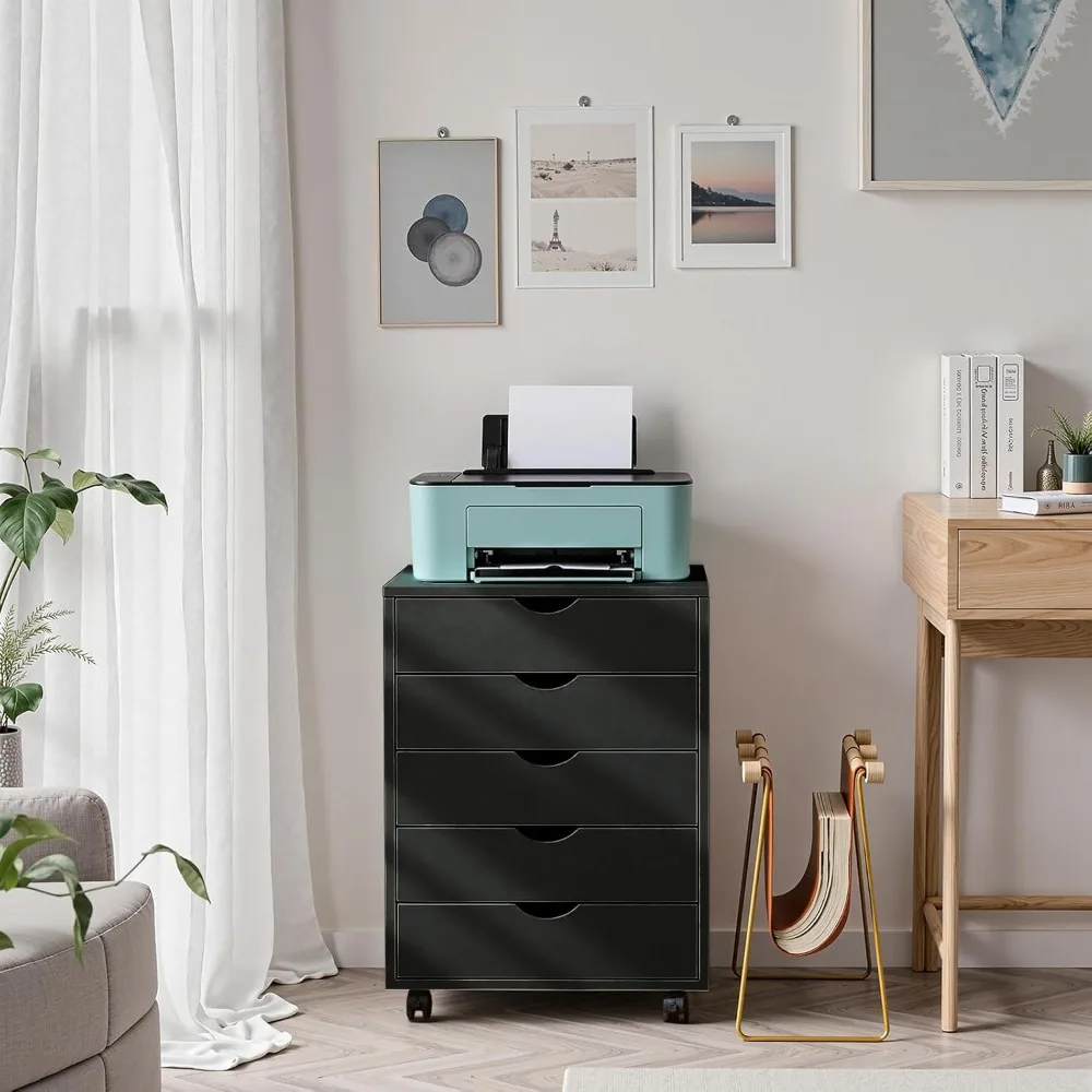 خزانة ملفات متنقلة مكونة من 5 أدراج تحت منظمة تخزين المكتب مع عجلات عمودية لحفظ الصدر وطابعة مكتبية صغيرة من الخشب #2