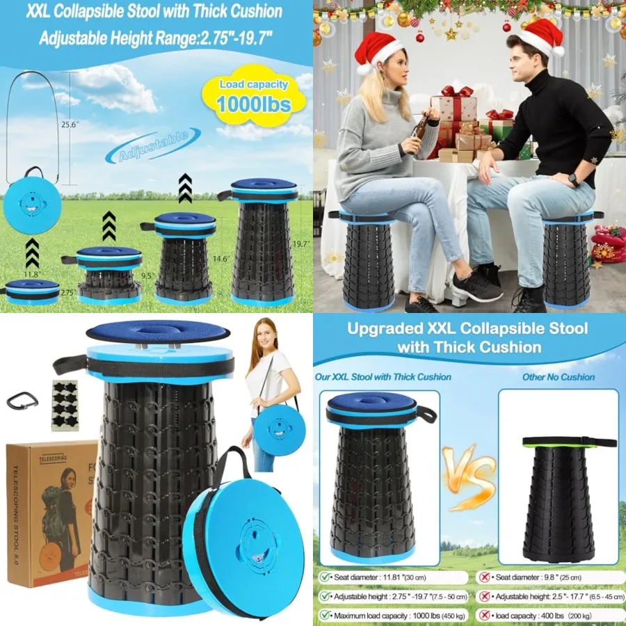 

2026 Upgraded XXL 19.7" Collapsible Stool with Cushion, 1000lbs Max Weight Heavy Duty Portable Telescoping Stool, Retractable S