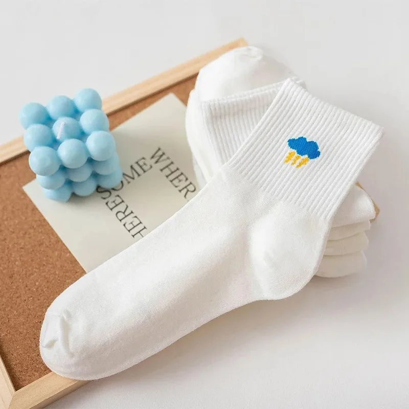5 Pairs of Women's Socks Set Spring and Autumn White Cartoon Socks Women's Cute Pure Cotton Weather Socks Fun Sock