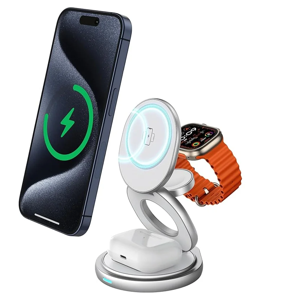 

3 in 1 Magnetic 360 Rotate Metal Wireless Charger Stand Pad For iPhone 15 14 13 12 Apple Watch 9 8 Airpods Fast Charging Station