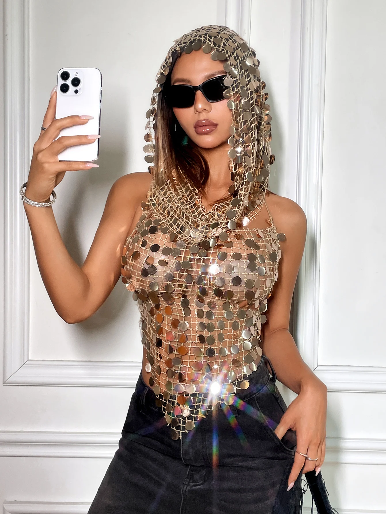 Frauen Acryl Pailletten Tank Top Mit Hut 2-teiliges Set Sexy Aushöhlen Durchsichtig Rückenfreies Leibchen Rave Festival Party Crop Top Neue