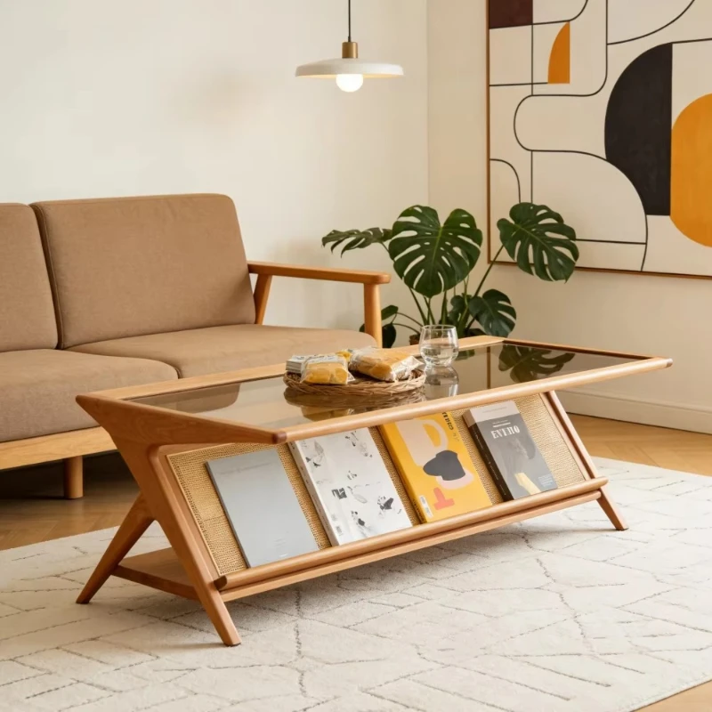 

Style/Wabi-sabi Style/Vintage Style,Solid Wood Coffee Table, Glass Countertop, Portable Eco-Friendly Living Room, Home/Hotel Use