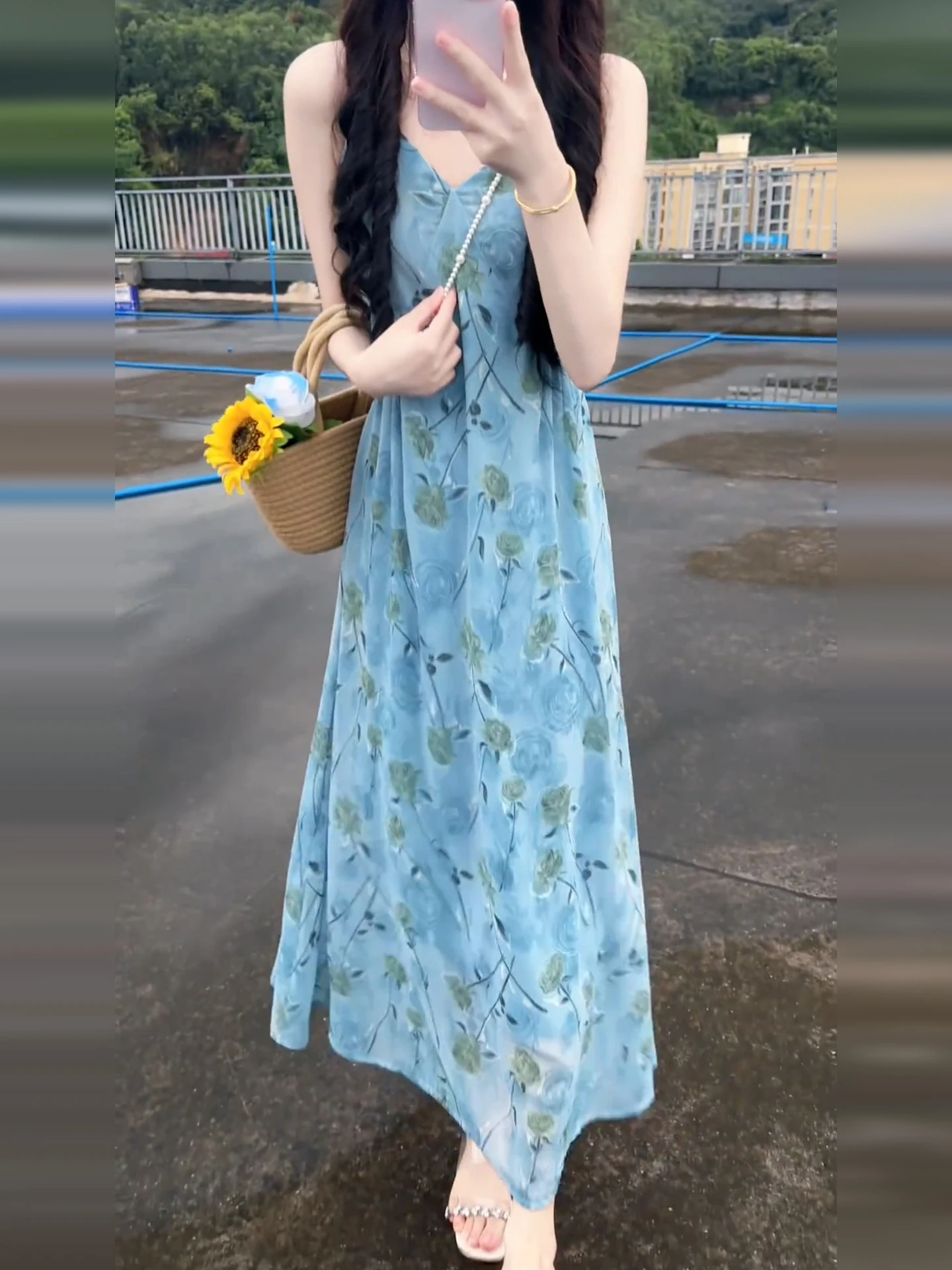 

Пляжное платье Vaion Sle синего цвета с цветочным принтом, женское летнее длинное платье для похудения, длинное платье-макси с завышенной талией, юбка А-силуэта Ele Beau