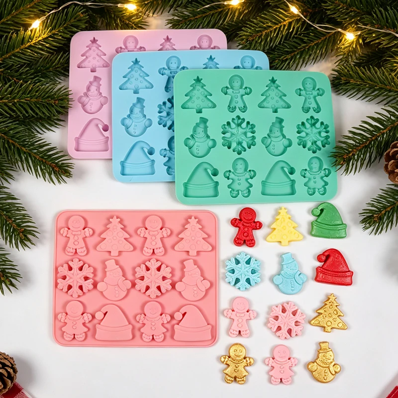 Christmas Silicone Mold Gingerbread Man Snowman Snowflake Christmas Tree Hat Chocolate Cookie Candy Cake Candle Soap Mold