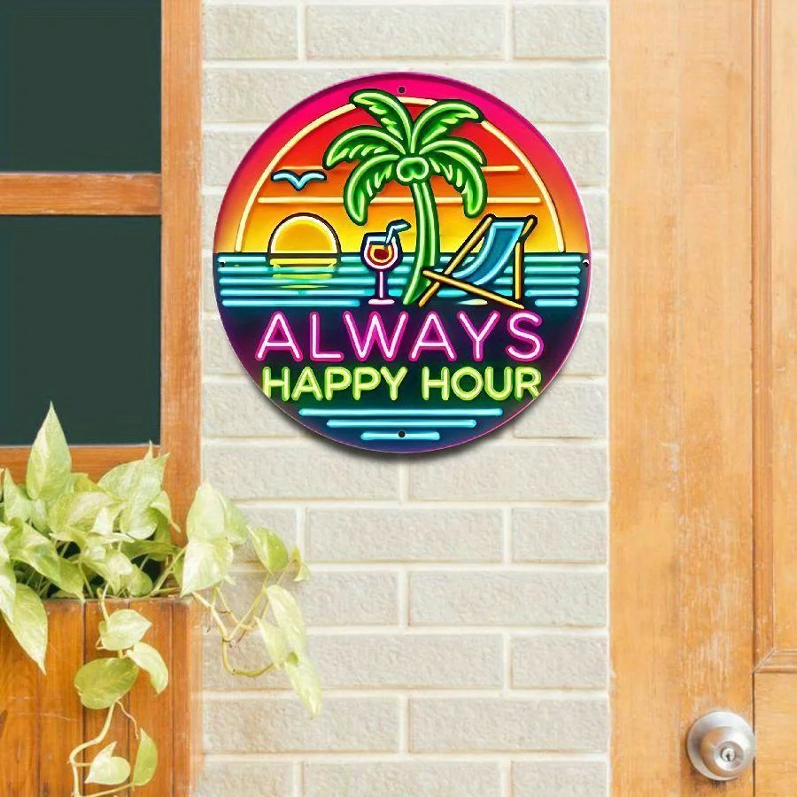 [Neon 20.32cm Sign] 8-Inch Aluminum Happy Hour Round Sign | Tropical Beach Theme, Durable Metal Wall Art Decor for Home, Office,