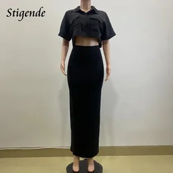 Stigende Women Elegant 2 Piece Outfit Set Black Two Piece Skirt Set Turn Down Collar Button Crop Top and Long Skirt