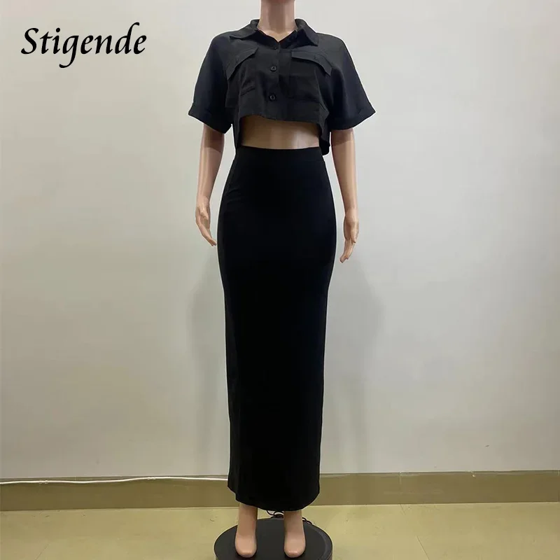 Stigende Women Elegant 2 Piece Outfit Set Black Two Piece Skirt Set Turn Down Collar Button Crop Top and Long Skirt