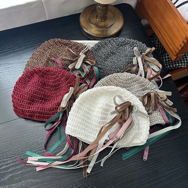 

Вязаная шапка ручной работы с трехмерным узлом-бабочкой и цветочной пряжей, нишевая модная шапка-пуловер для женщин