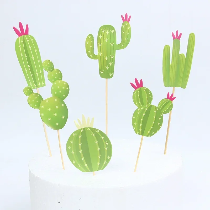 Green Cactus Cake Topper Happy Birthday Personality Plant Cupcake Toppers Kids Party Wedding Decor DIY Baby Shower Supplies