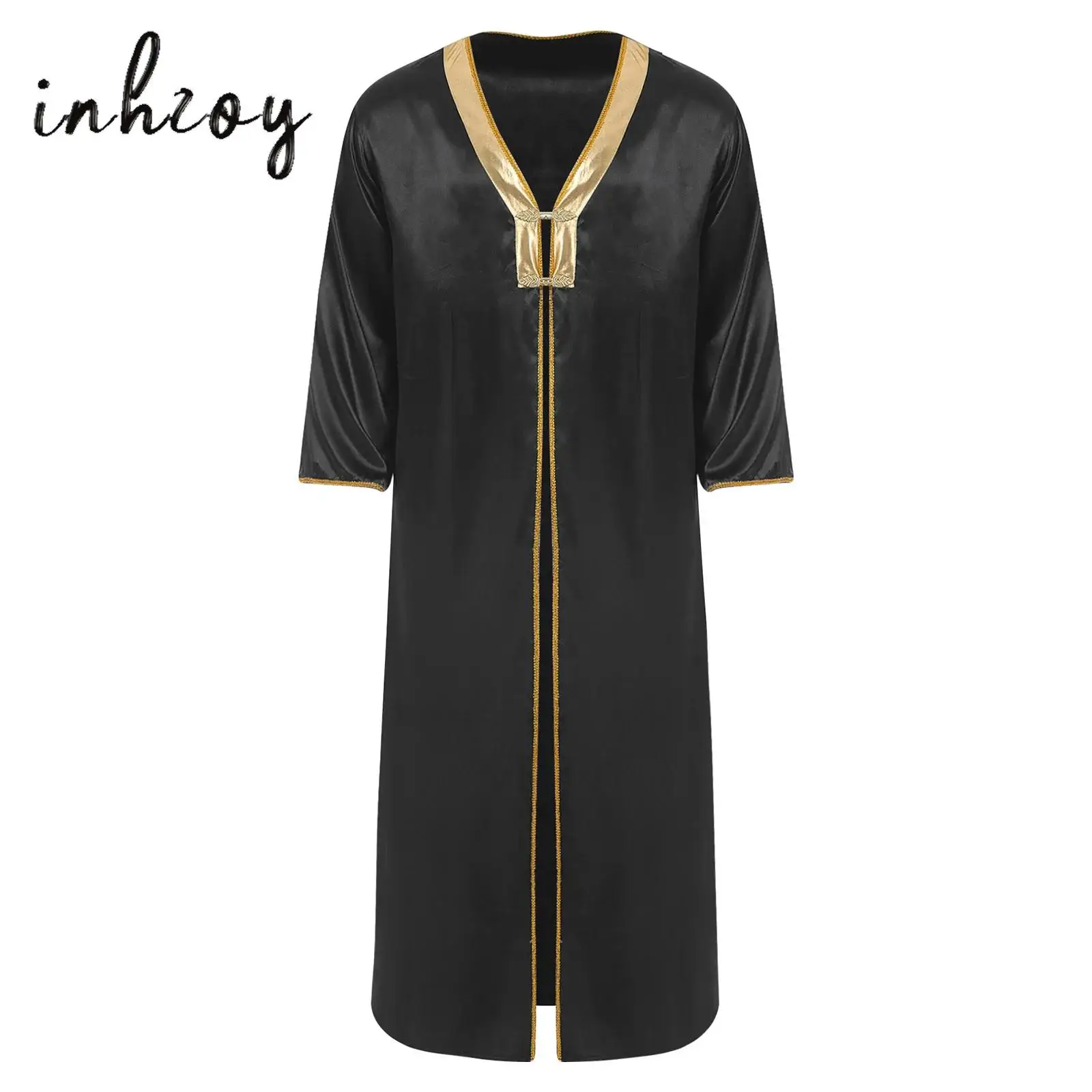 

Mens Arab Priest Roleplay Robe Long Sleeve Metallic Shiny Patchwork Gold Trim Retro Arabian Costume for Halloween Padre Cosplay