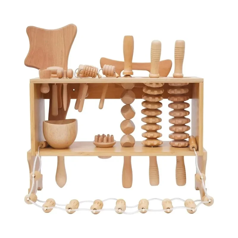 

Wood Therapy Massage Tools Complete Wooden Massager Kit for Lymphatic Drainage with Luxury Storage Shelf