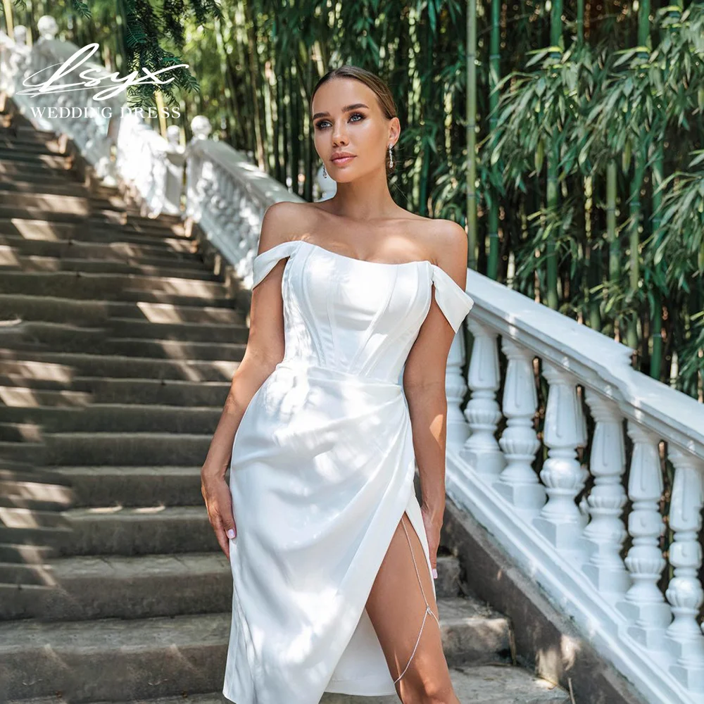 LSYX 2025 Trendy Off-Shoulder Strapless Satin Midi Wedding Dress High Slit Fitted Waist Corset-Style Elegant Modern Bridal Gown